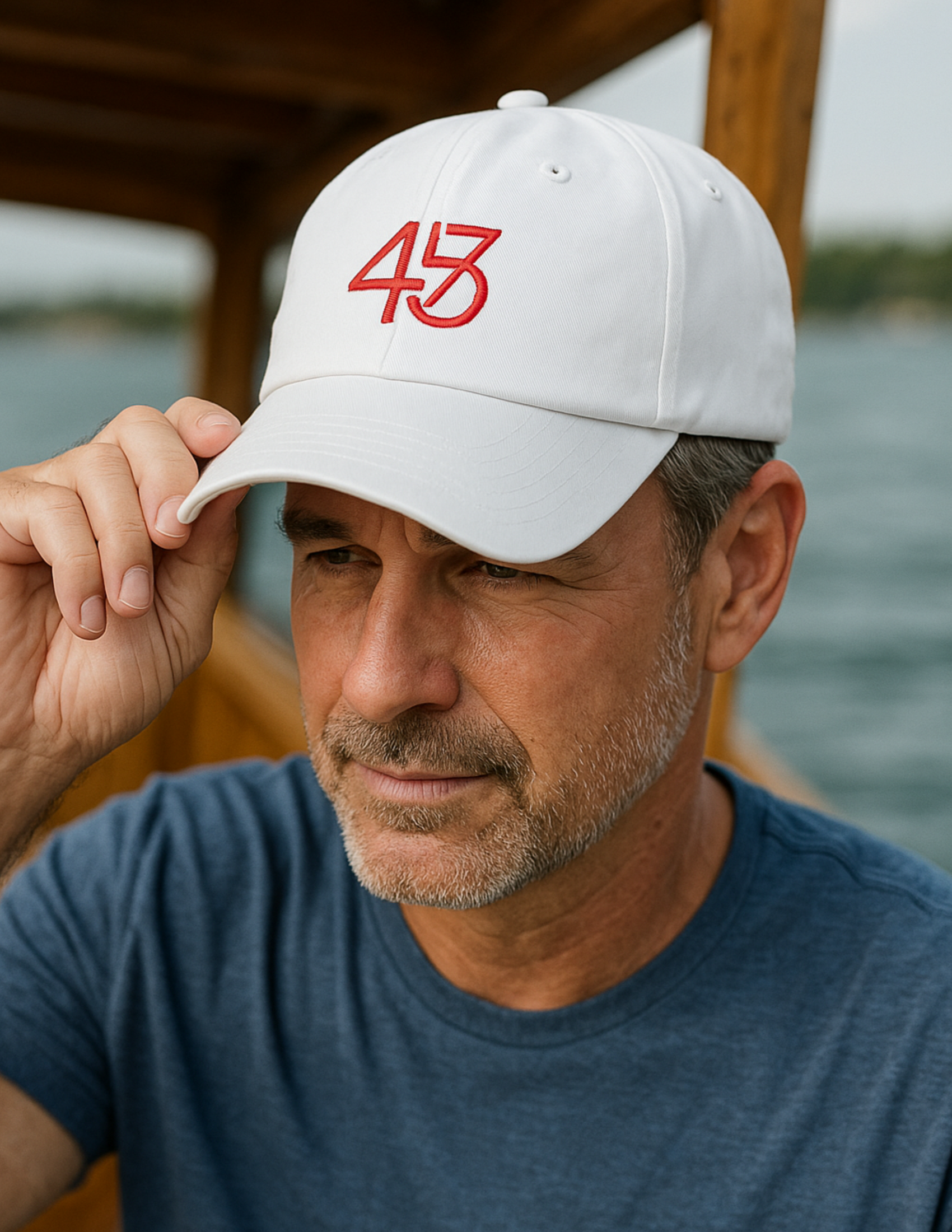 Man wearing a white cap with red 4547 logo by a body of water